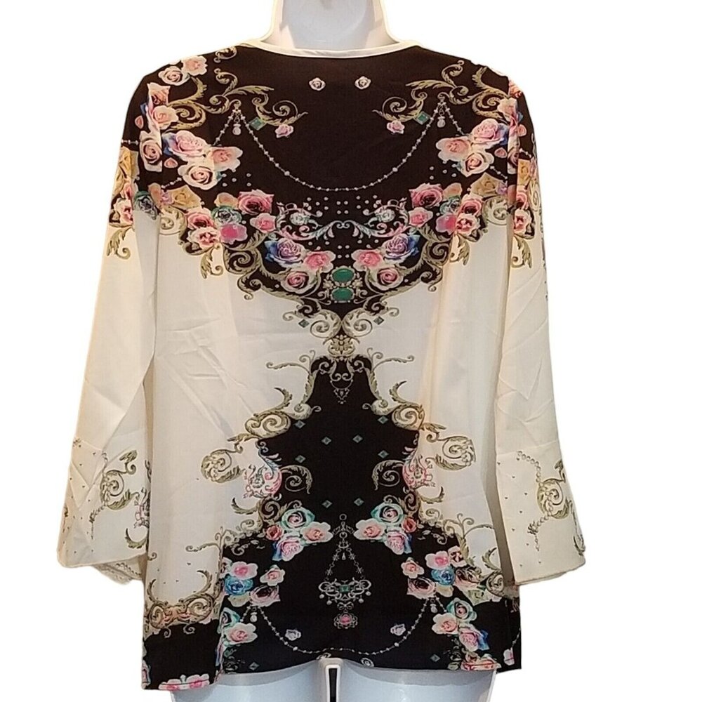 Women's Blouse Top M Ruffled Frill Sleeve Pintucked Black White Floral Silky - Picture 4 of 10